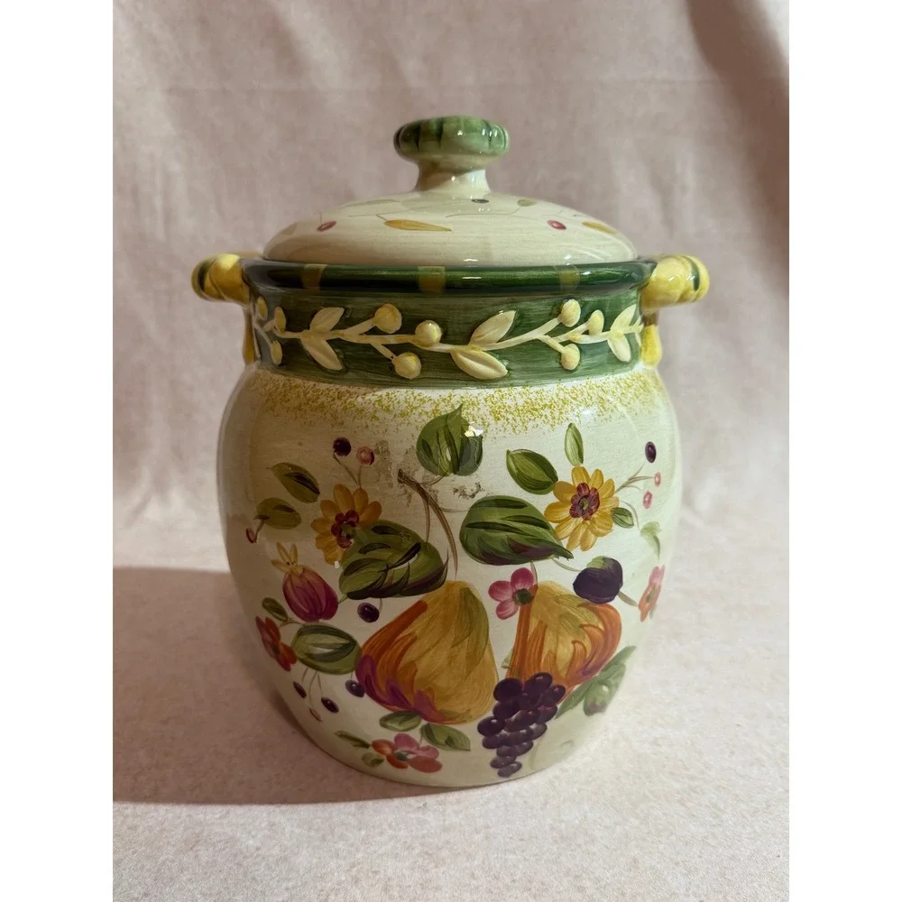 Certified International La Toscana Gladding Ceramic Fruit Floral‎ Canister w Lid